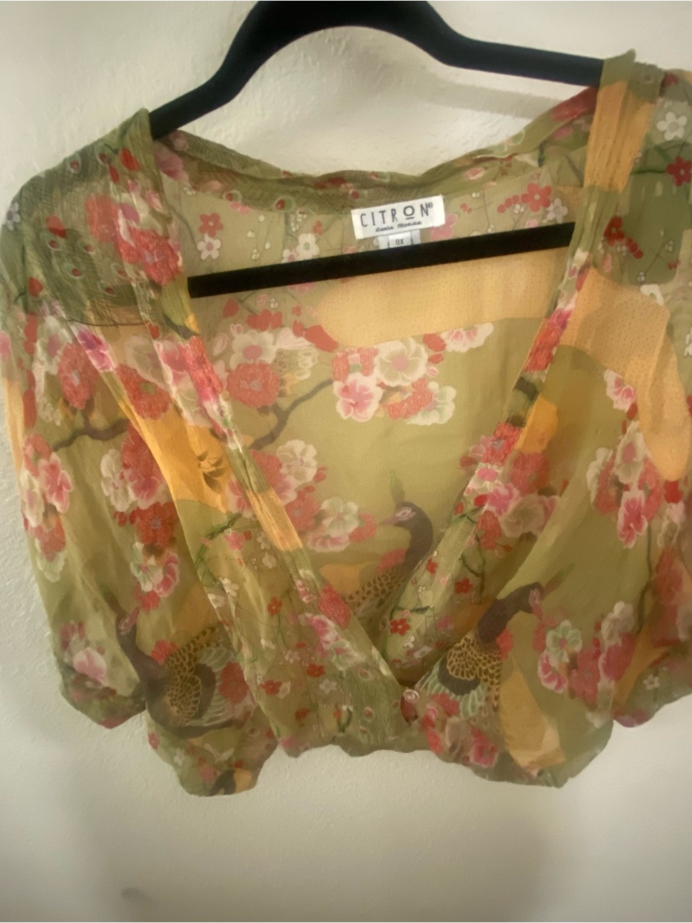 Vintage 100% Silk Olive Floral V-Neck Wrap Blouse